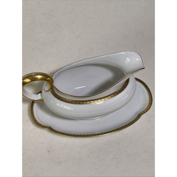 Antique Porcelain White /Gold Gilded Gravy Boat w Underplate Royal Tettau - Picture 2 of 9